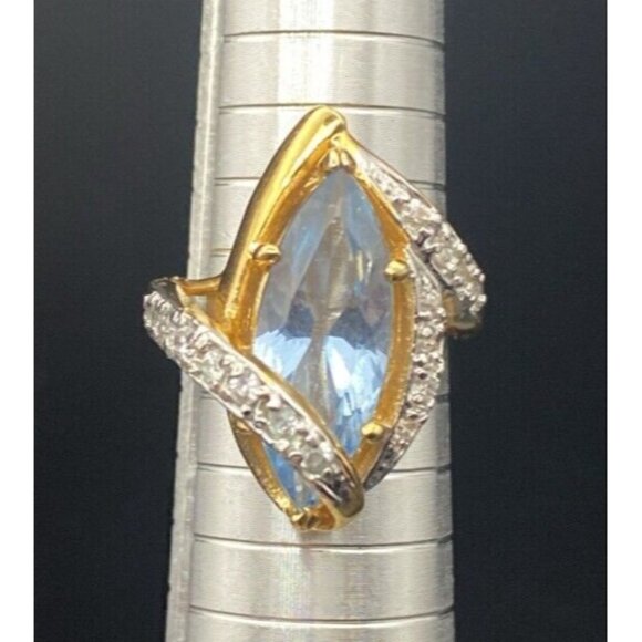 EBCO Jewelry - Signed Cocktail Ring EBCO Marquise 3+ Ct Blue Topaz & CZ 18K HGE Gold Size 8.25
